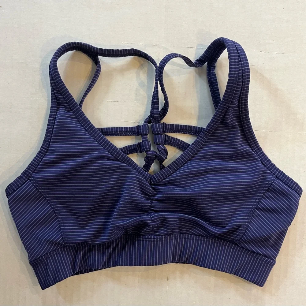 Prana Dreaming sports bra purple striped strappy caged back V neck size XS - Picture 2 of 8